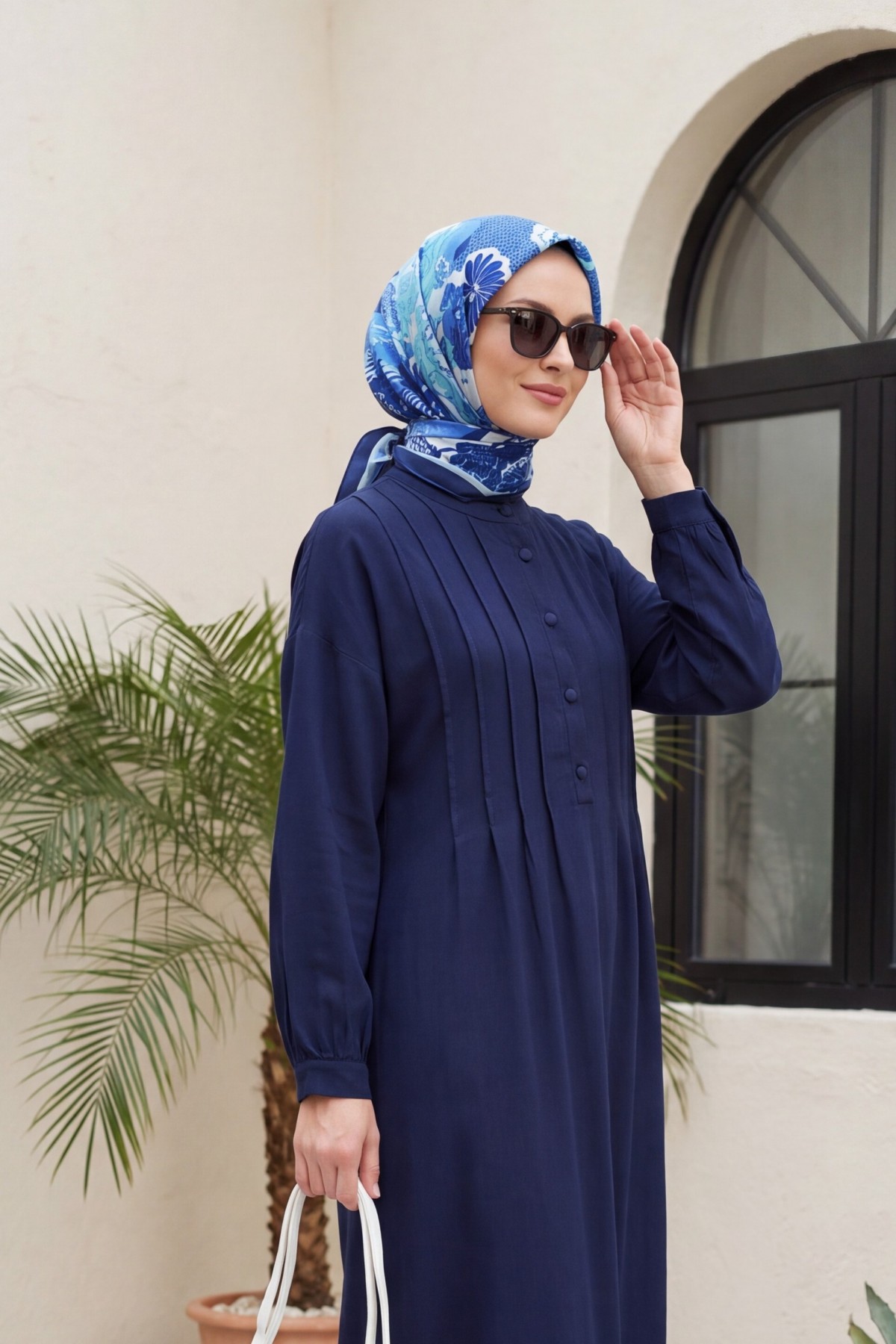 Front Ribbed Half-Button Muslin Dress -Navy blue