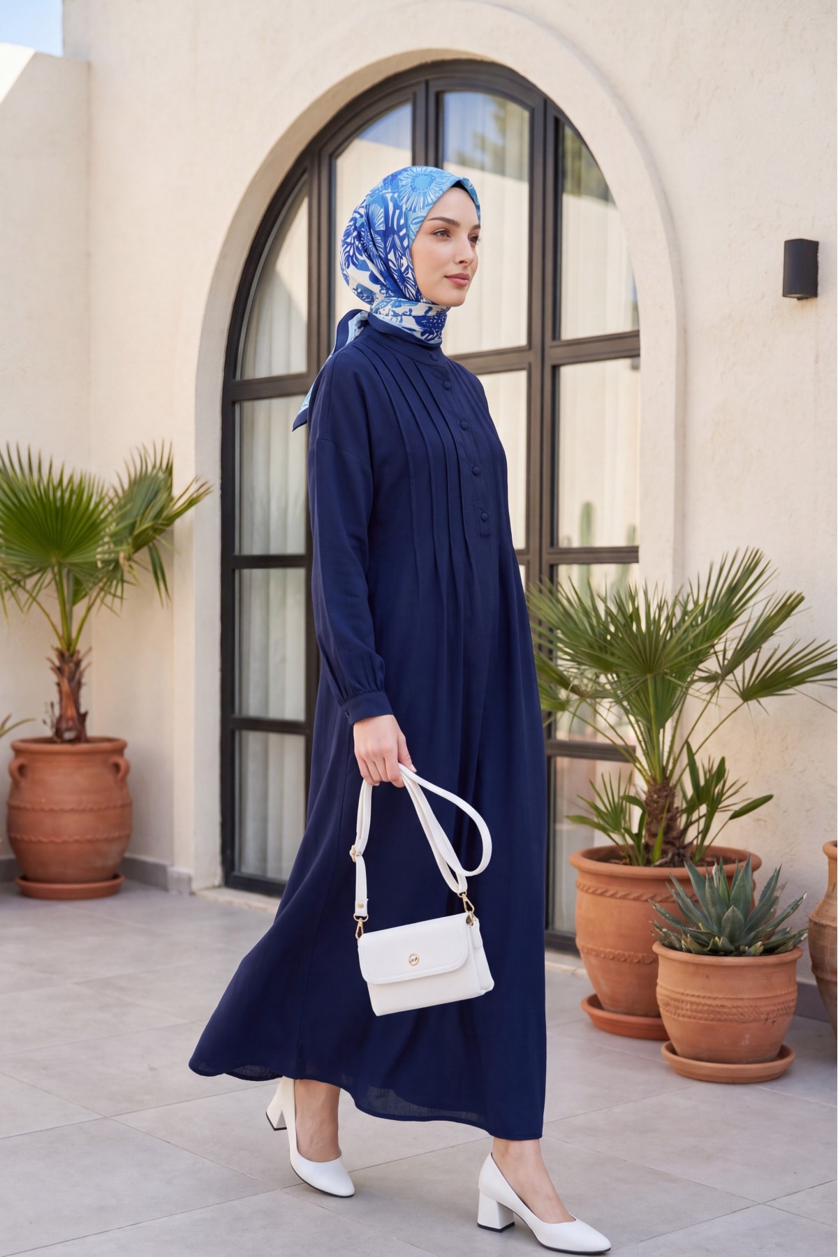 Front Ribbed Half-Button Muslin Dress -Navy blue