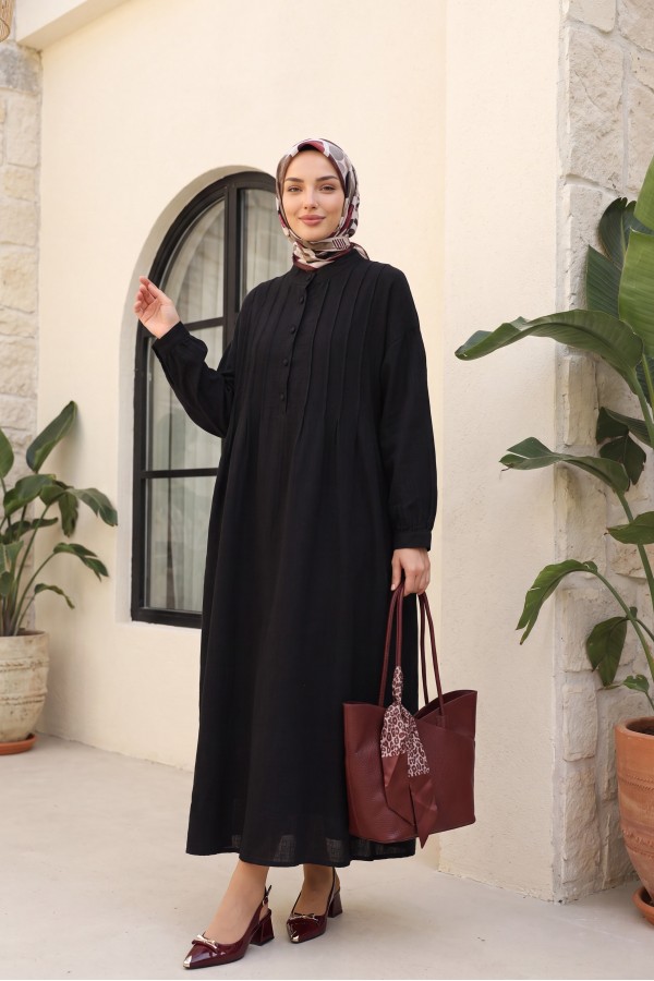 Front Ribbed Half-Button Muslin Dress -Black