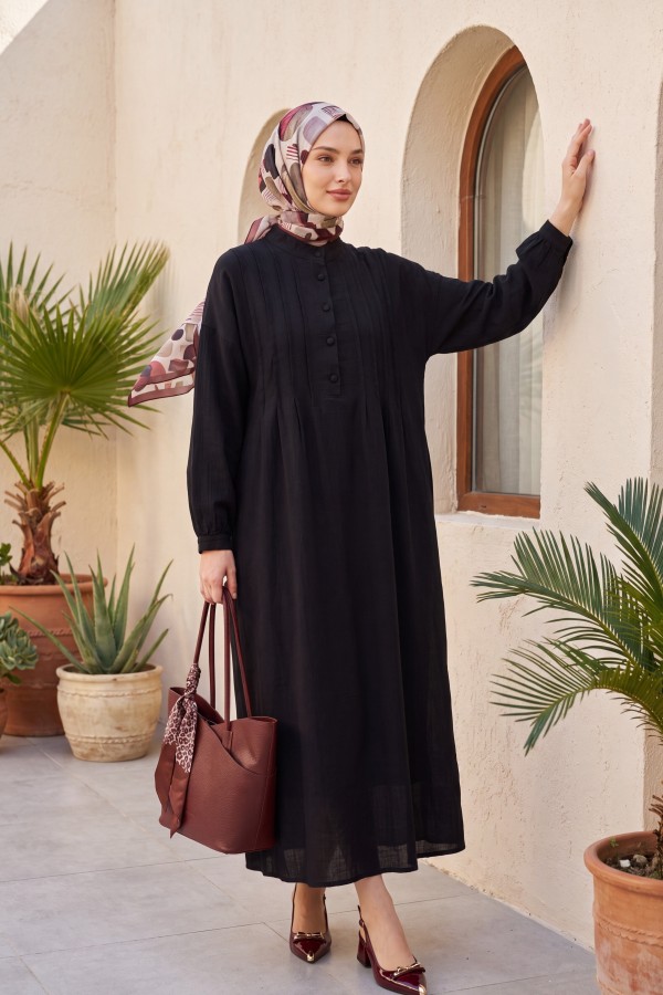 Front Ribbed Half-Button Muslin Dress -Black