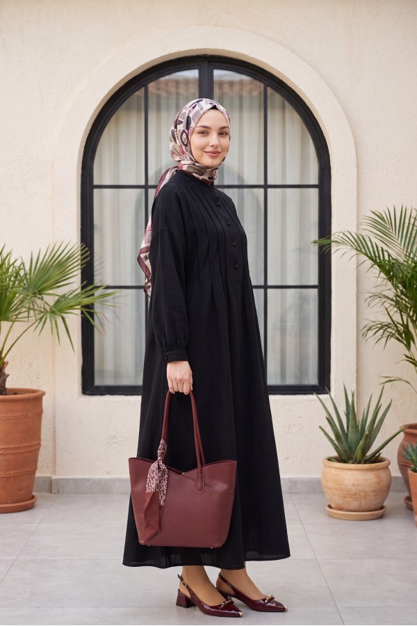 Front Ribbed Half-Button Muslin Dress -Black