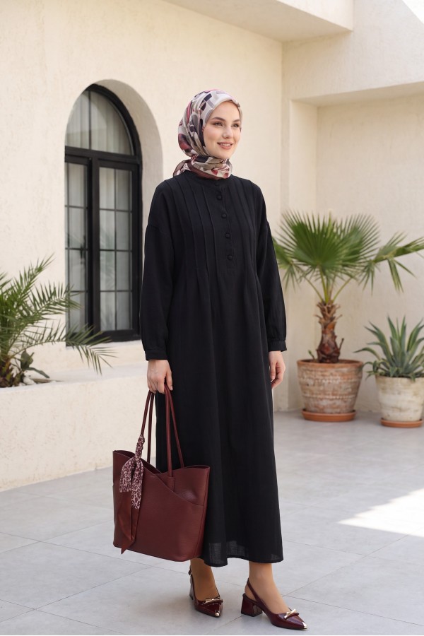 Front Ribbed Half-Button Muslin Dress -Black