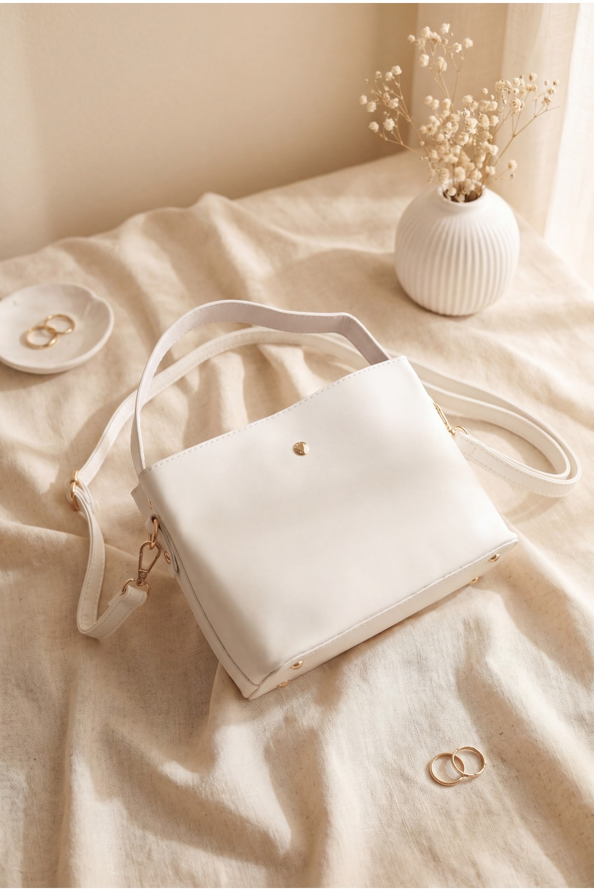 Snap-button and Zipper Long-Shoulder Bag -White