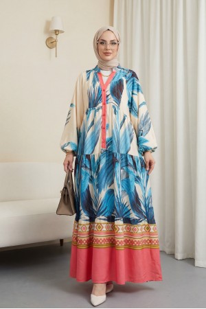 Kolu Lastikli Dik Yaka Yarım Düğmeli Viskon Elbise -İndigo