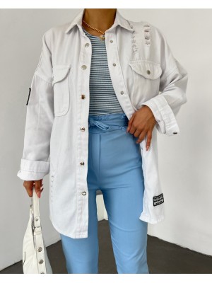 Boydan Çıtçıtlı Çift Cepli Yıpratma Detaylı Kot Ceket -Beyaz