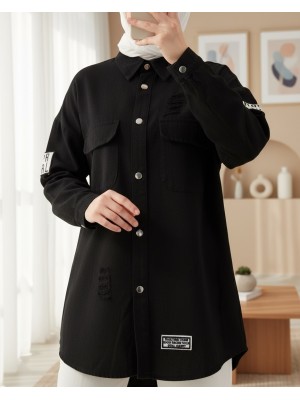 Boydan Çıtçıtlı Çift Cepli Yıpratma Detaylı Kot Ceket -Siyah