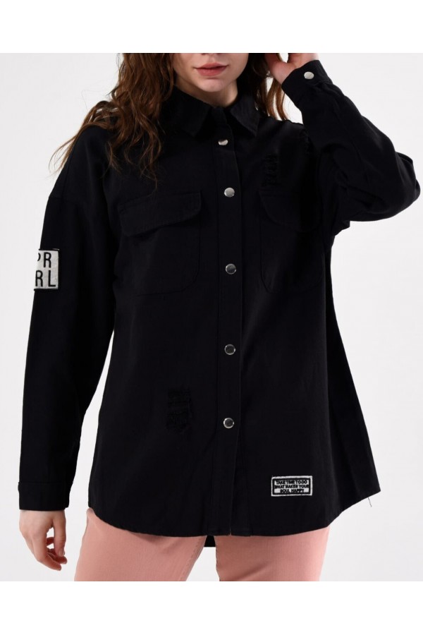 Snap Fastener Double Pocket Detail Denim Jacket -Black