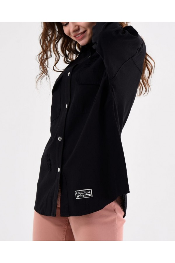 Snap Fastener Double Pocket Detail Denim Jacket -Black