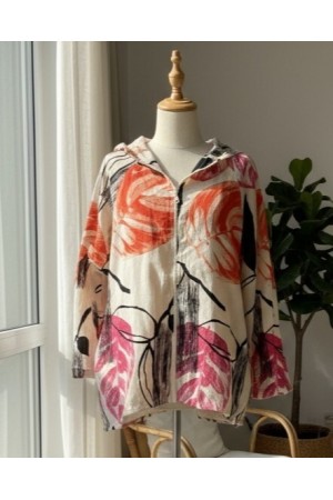 Desenli Fermuarlı Sabit Kapşonlu Keten Ceket -Turuncu