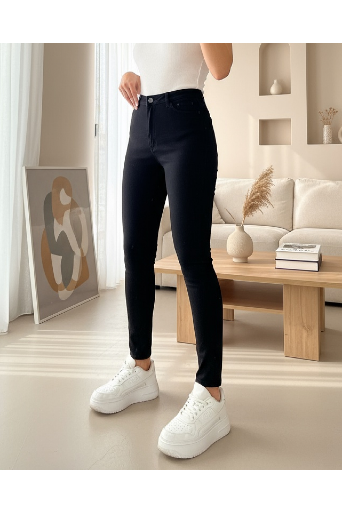Yüksek Bel Likralı Kot Pantolon -Siyah