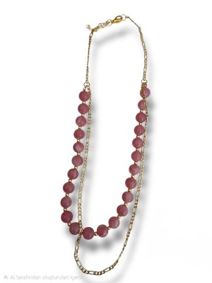 Double Round Natural Stone Necklace -Pink