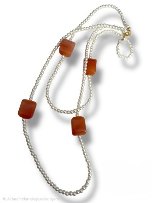 Double Necklace with Natural Stones and Pearls -Cream color