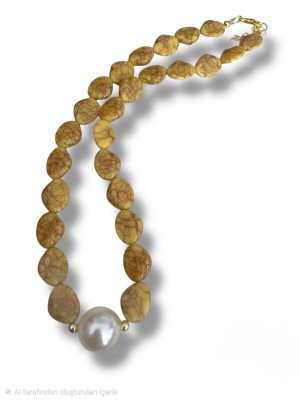 Natural Stone Necklace with Large Pearl Details -Mustard
