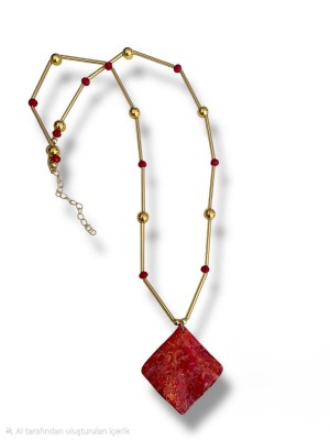 Gold Stick Necklace with Natural Stone Details -Red