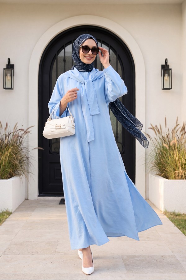 Modal Suit with Scarf Detail and Deep Slit Pants, with Pockets -Light blue