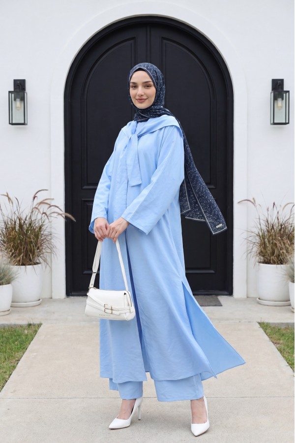 Modal Suit with Scarf Detail and Deep Slit Pants, with Pockets -Light blue