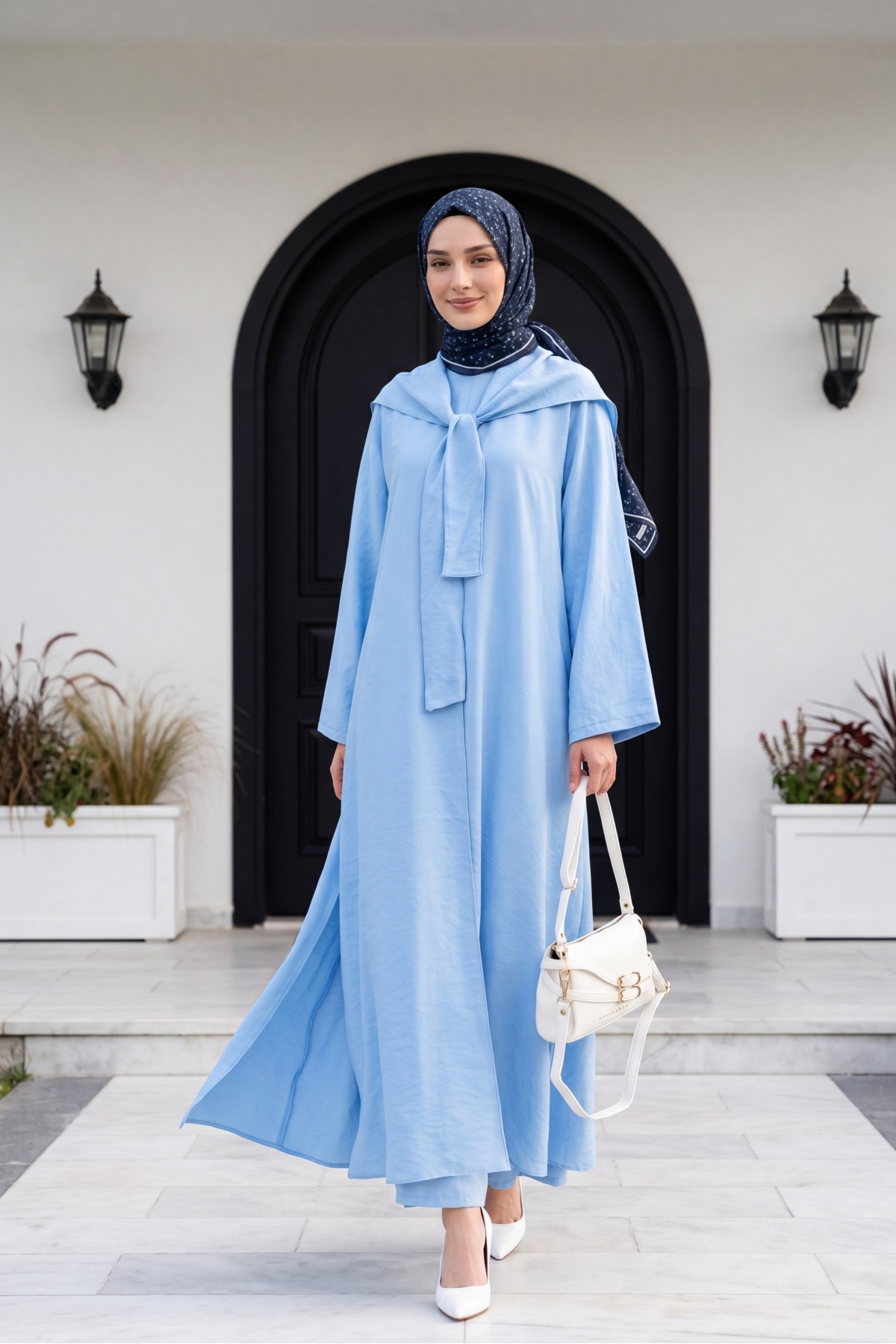 Modal Suit with Scarf Detail and Deep Slit Pants, with Pockets -Light blue
