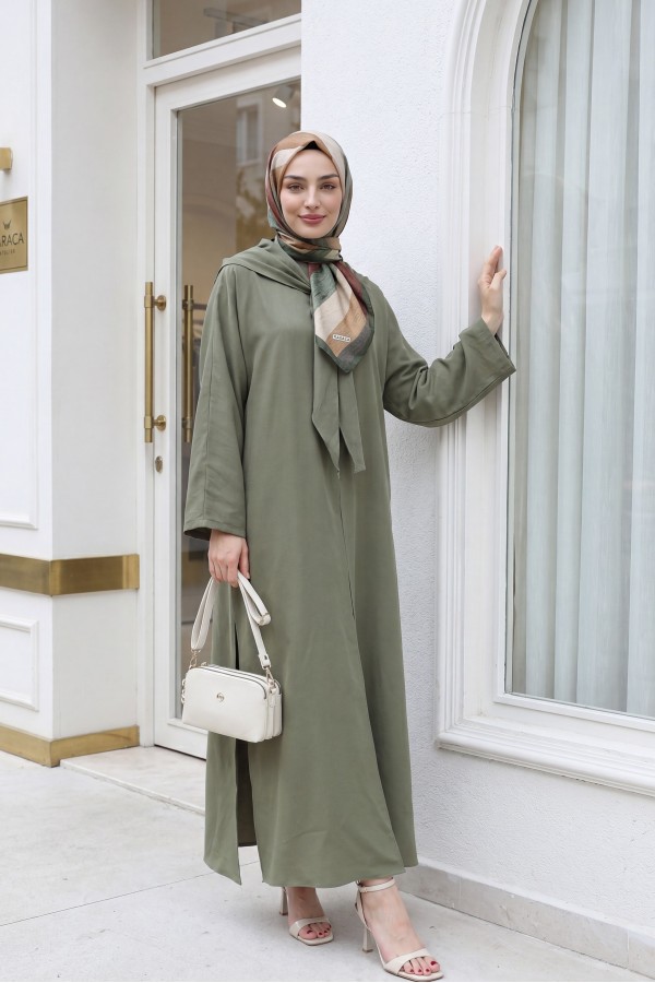 Modal Suit with Scarf Detail and Deep Slit Pants, with Pockets -Khaki