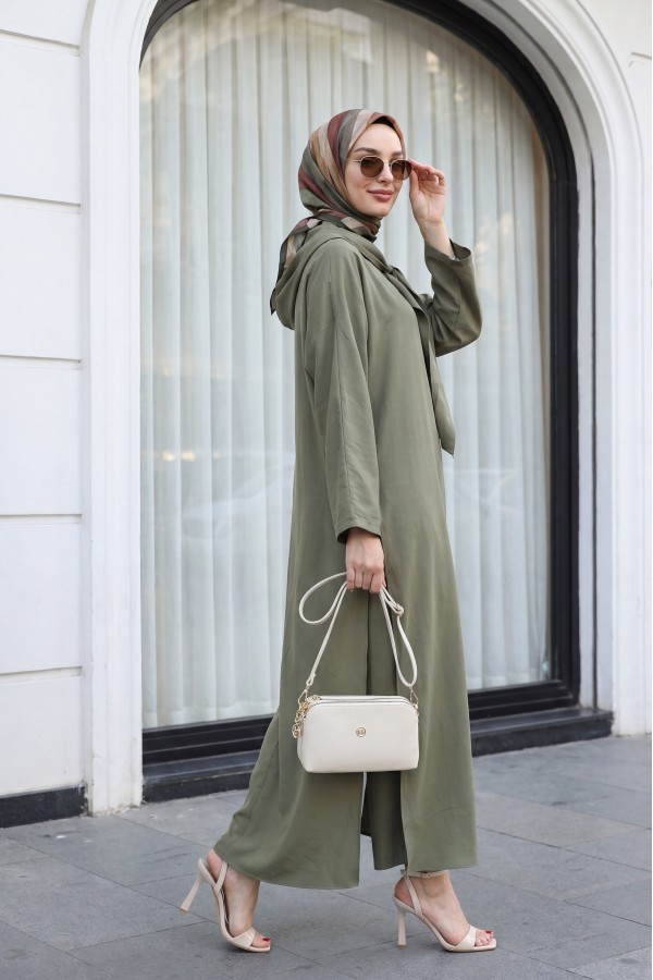Modal Suit with Scarf Detail and Deep Slit Pants, with Pockets -Khaki
