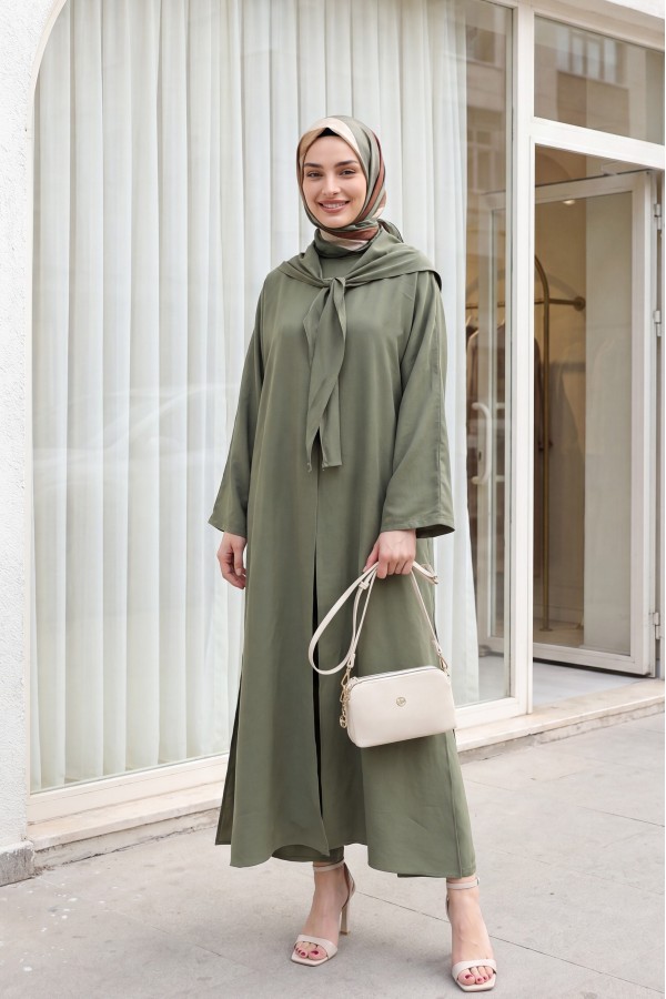 Modal Suit with Scarf Detail and Deep Slit Pants, with Pockets -Khaki