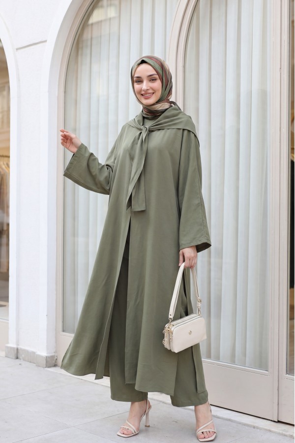Modal Suit with Scarf Detail and Deep Slit Pants, with Pockets -Khaki