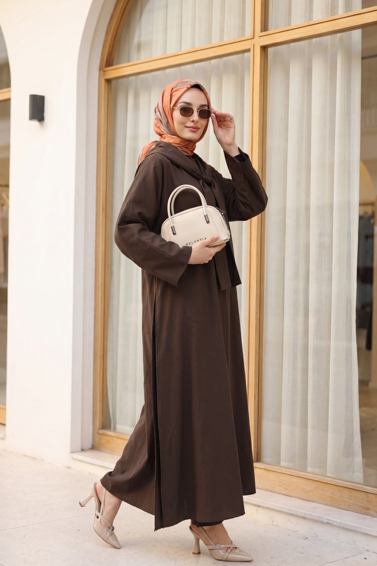 Modal Suit with Scarf Detail and Deep Slit Pants, with Pockets -Brown