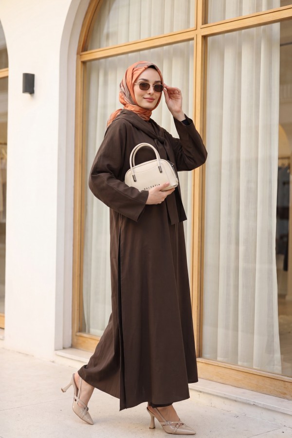 Modal Suit with Scarf Detail and Deep Slit Pants, with Pockets -Brown