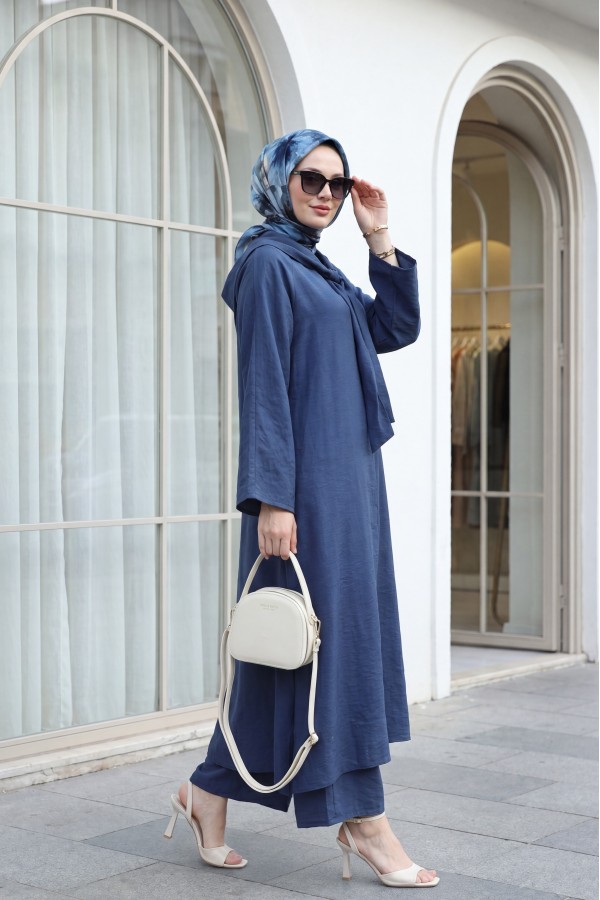 Modal Suit with Scarf Detail and Deep Slit Pants, with Pockets -Navy blue