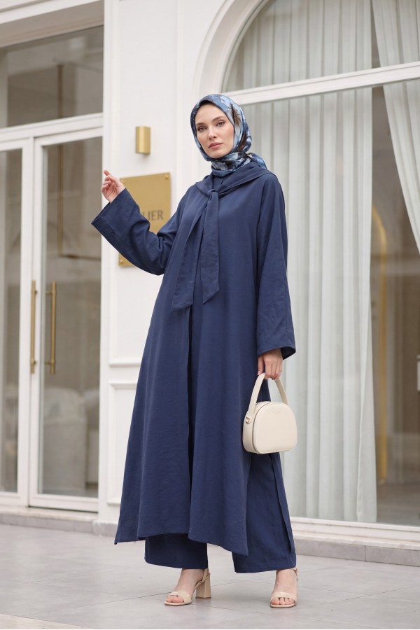 Modal Suit with Scarf Detail and Deep Slit Pants, with Pockets -Navy blue