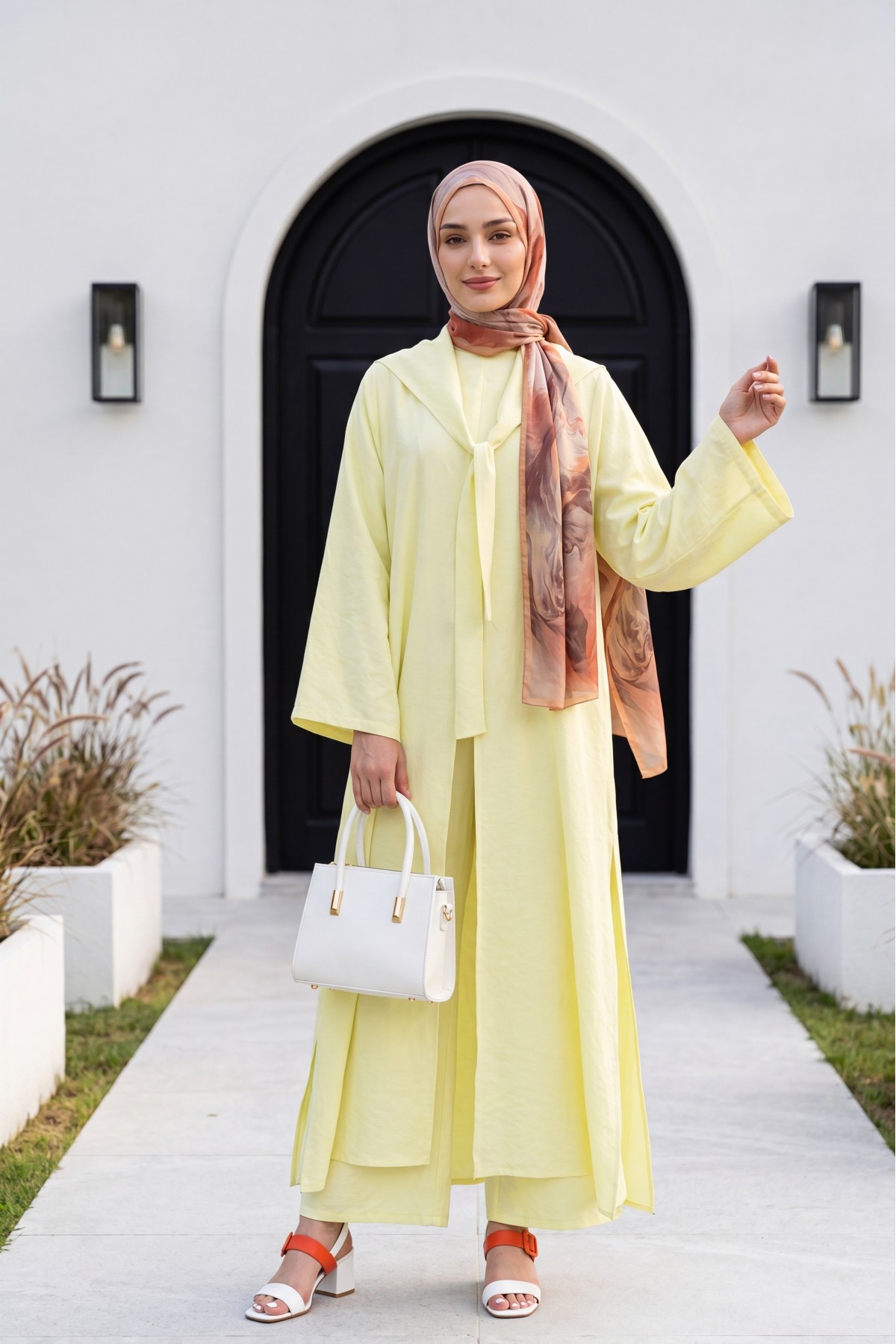 Modal Suit with Scarf Detail and Deep Slit Pants, with Pockets -Yellow