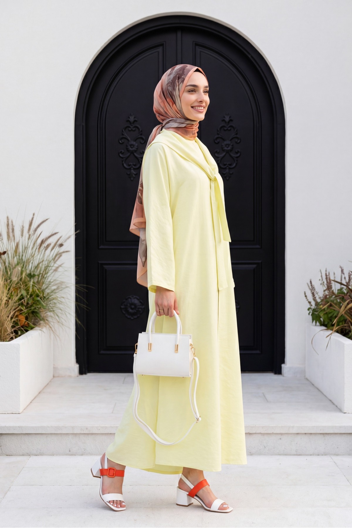 Modal Suit with Scarf Detail and Deep Slit Pants, with Pockets -Yellow