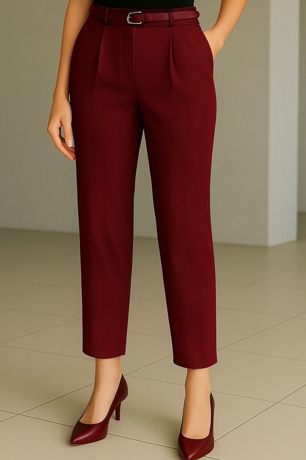 Beli Kemerli Çift Cepli Pantolon  -Bordo