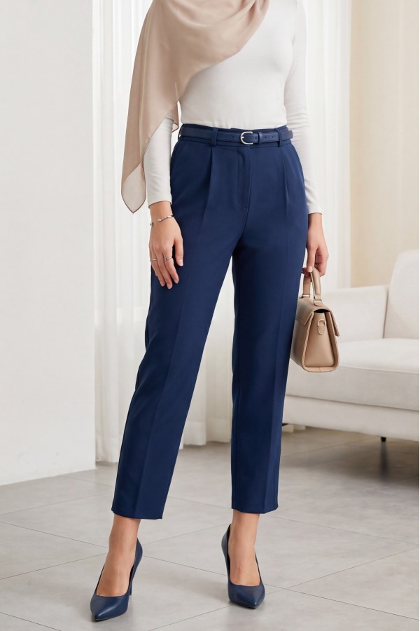 Waist Belted Double Pocket Trousers -Navy blue