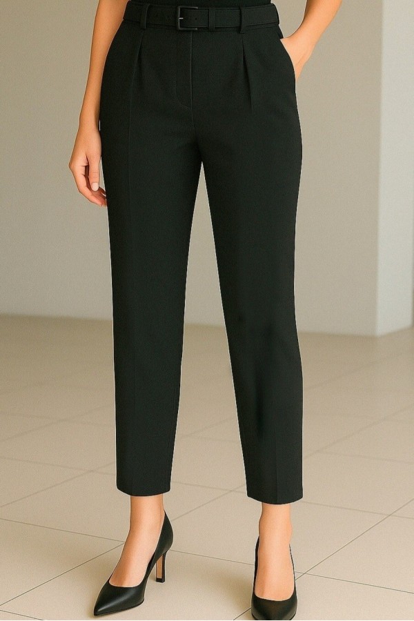 Waist Belted Double Pocket Trousers -Black