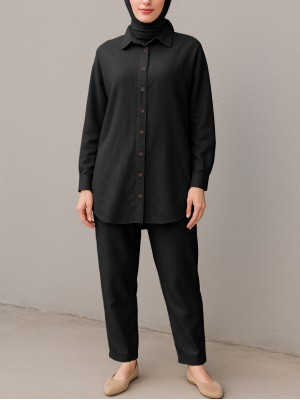 Buttoned Trousers Shirt Linen Set -Black