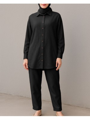 Boydan Düğmeli Pantolon Gömlek Keten Takım -Siyah