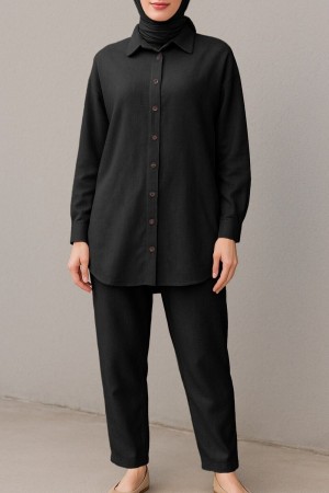 Boydan Düğmeli Pantolon Gömlek Keten Takım -Siyah