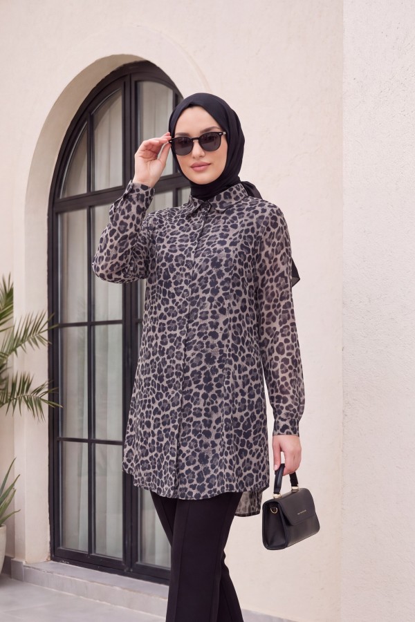 Leopar Desen Düğmeli Oval Kesim Gömlek -Gri