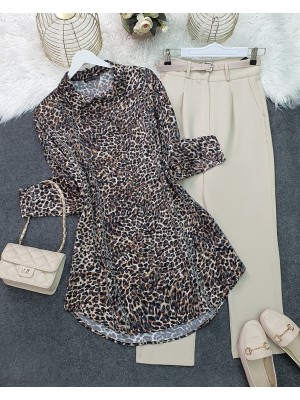 Leopar Desen Düğmeli Oval Kesim Gömlek -Leopar