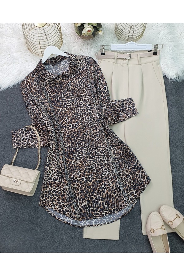 Leopar Desen Düğmeli Oval Kesim Gömlek -Leopar