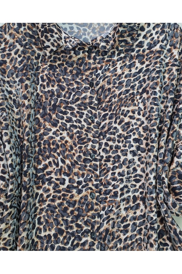 Leopar Desen Düğmeli Oval Kesim Gömlek -Leopar