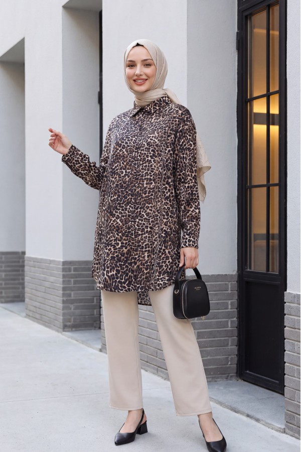 Leopar Desen Düğmeli Oval Kesim Gömlek -Leopar