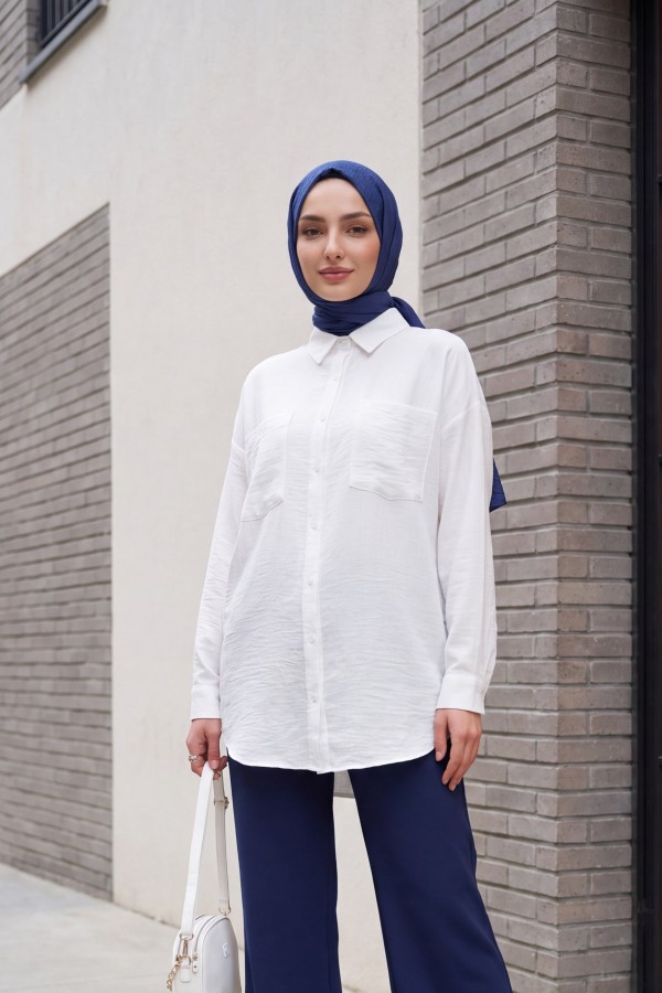 Single Pocket Buttoned Linen Shirt -White