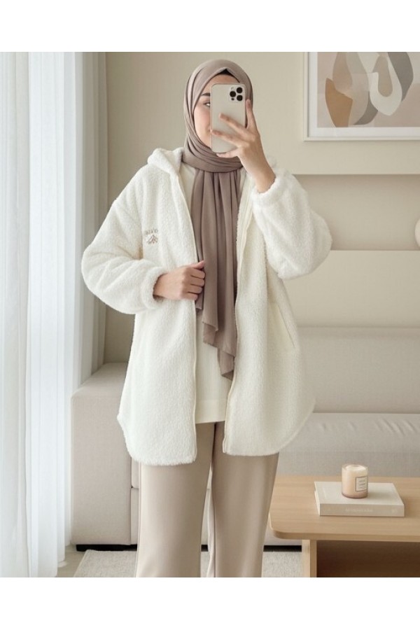 Hooded Zippered Kangaroo Pocket Lined Plush Coat -Ecru