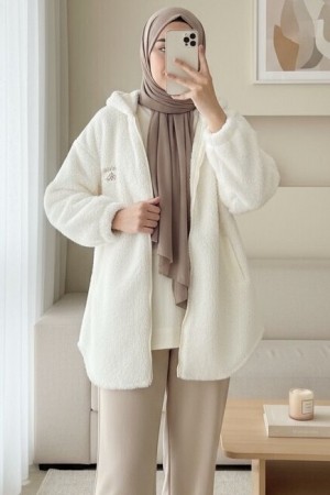 Hooded Zippered Kangaroo Pocket Lined Plush Coat -Ecru