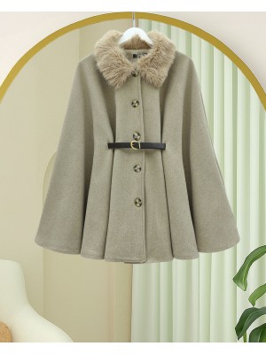 Yakası Kürklü Beli Kemerli Düğmeli Kaşe Panço -Açık Vizon