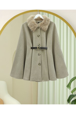 Fur Collar, Belted Waist, Buttoned Cashmere Poncho -Light Mink