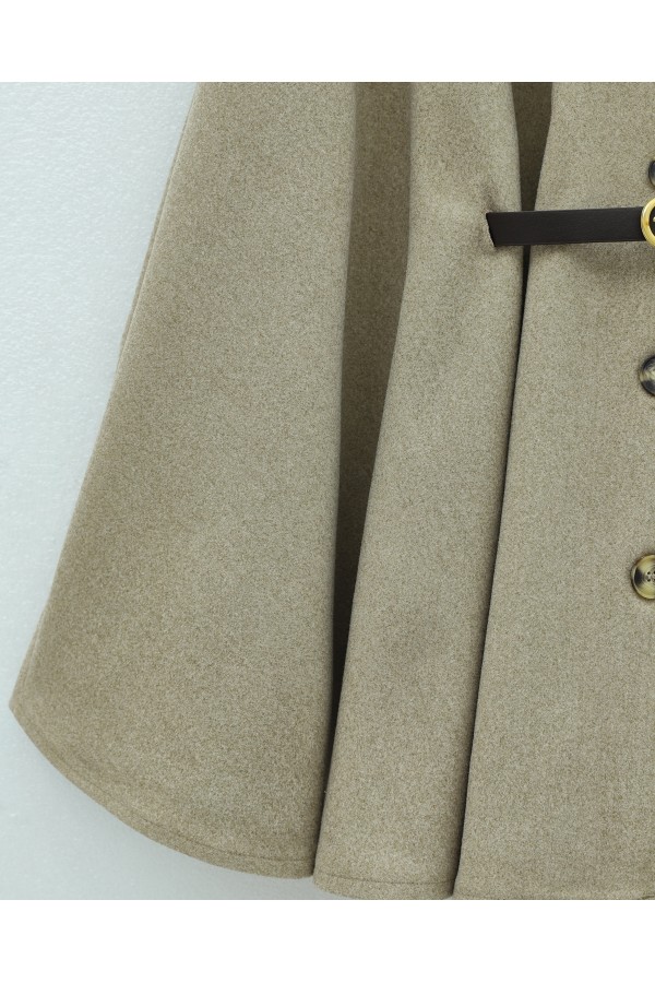 Fur Collar, Belted Waist, Buttoned Cashmere Poncho -Light Mink