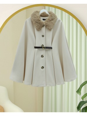 Yakası Kürklü Beli Kemerli Düğmeli Kaşe Panço -Bej