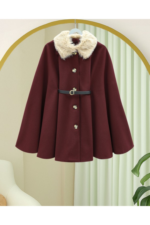 Fur Collar, Belted Waist, Buttoned Cashmere Poncho -Maroon